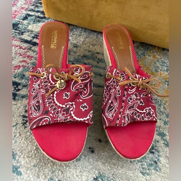 Sperry Bandana Espadrille Platform Mules Red 9 - Picture 2 of 7